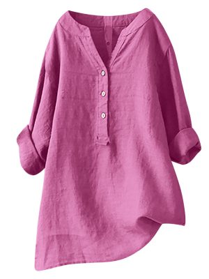 Summer Women's Cotton Linen Loose Solid Color Blouse Cotton Linen Long Sleeve Tops Pocket S-5XL